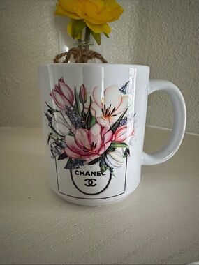 CHANEL White Ceramic Mug with Pink Floral Bouquet